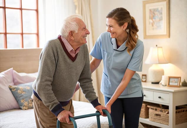 A support worker helping an older man use a walking frame