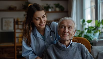 A support worker sitting beside an older participant