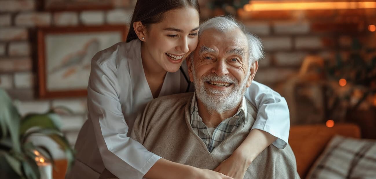 A support worker embracing a smiling older man